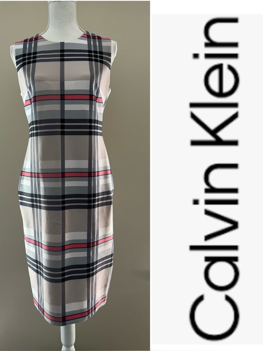 EUC Calvin Klein beige, black, red plaid sleeveless scuba dress size 8